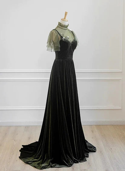 Vestido largo de fiesta de boda de terciopelo verde con corte A
